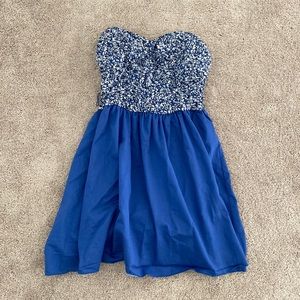 strapless blue floral dress sequin hearts ruched bodice